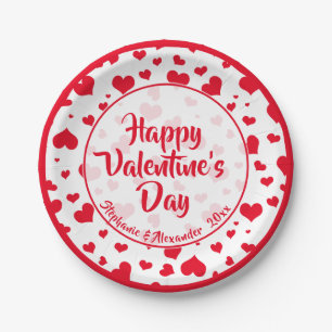 Name Red Valentine Hearts Random Pattern Paper Plate