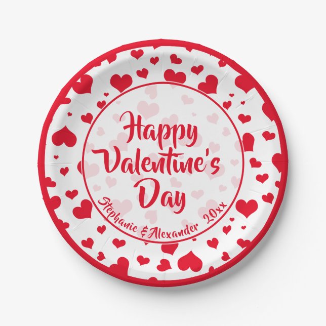 Name | Red Valentine Hearts Random Pattern Paper Plate (Front)