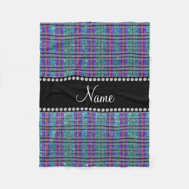 Name robin egg blue glitter pink purple plaid fleece blanket (Front)