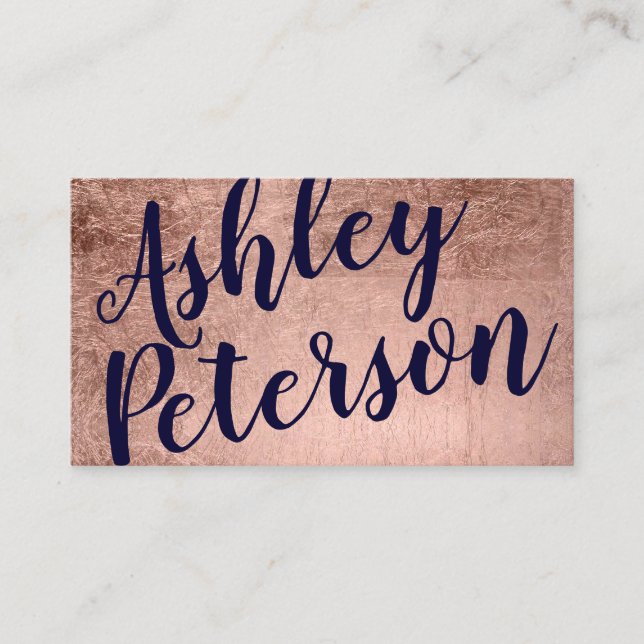 Name rose gold navy blue hair makeup typography business card (Front)