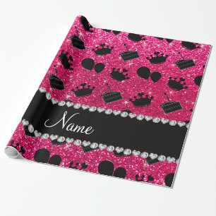 Name rose pink glitter crowns balloons cake wrapping paper
