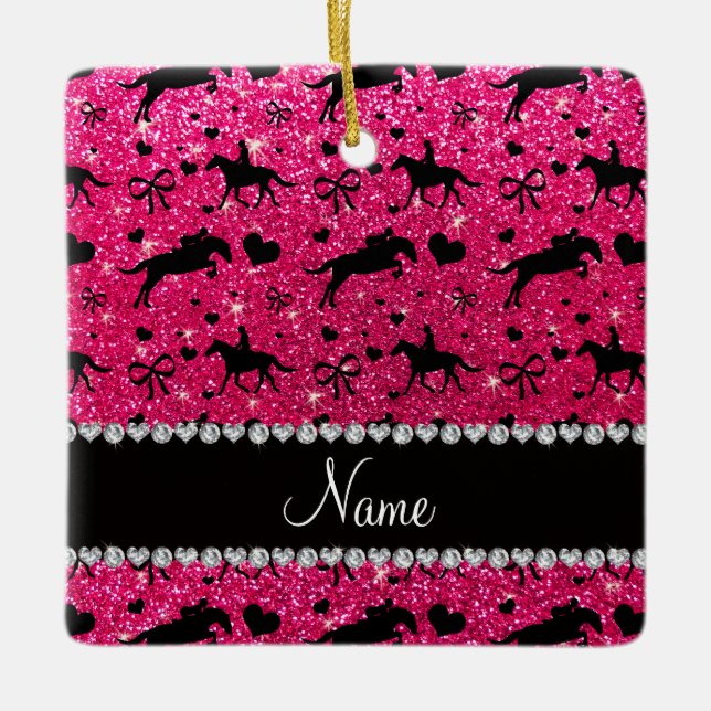 Name rose pink glitter equestrian hearts bows ceramic ornament (Front)