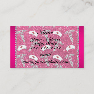 Name rose pink glitter nurse hats silver caduceus business card
