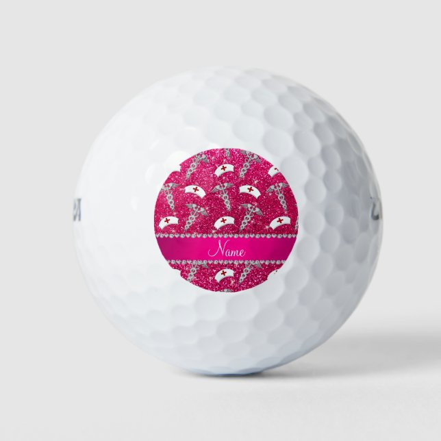 Name rose pink glitter nurse hats silver caduceus golf balls (Front)