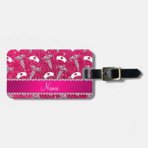 Name rose pink glitter nurse hats silver caduceus luggage tag