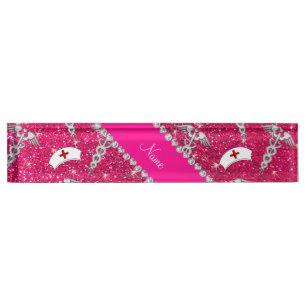 Name rose pink glitter nurse hats silver caduceus nameplate
