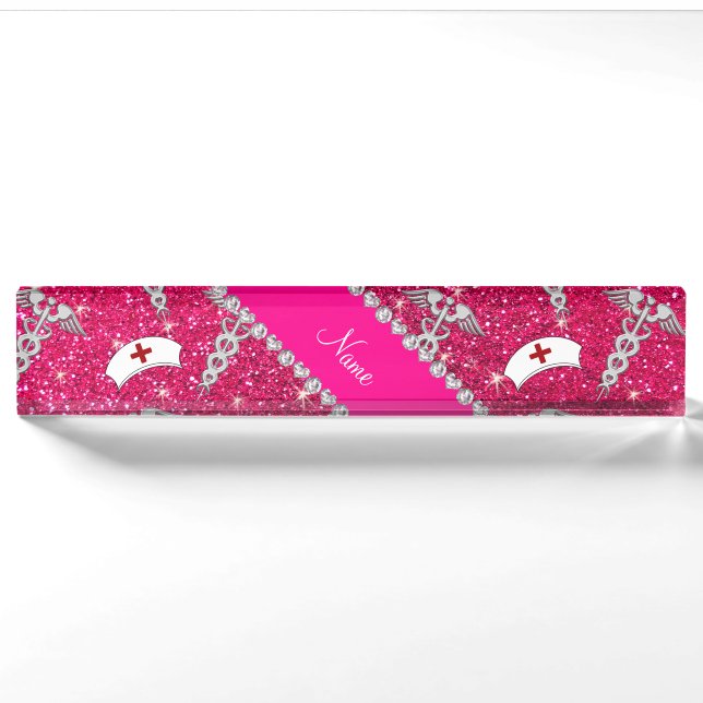 Name rose pink glitter nurse hats silver caduceus nameplate (Front)