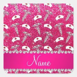 Name rose pink glitter nurse hats silver caduceus square sticker