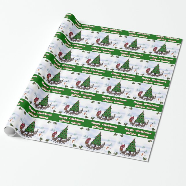 Name, Santa sleigh, reindeer, tree and snow scene Wrapping Paper (Unrolled)