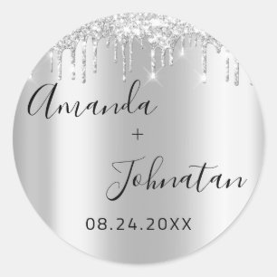 Name Save The Date Black Silver Drips Classic Round Sticker