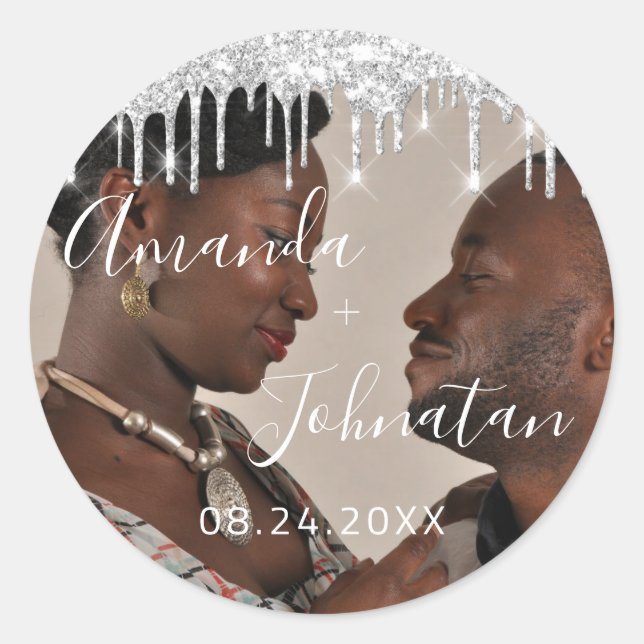 Name Save The Date Black Silver Drips Photo Classic Round Sticker (Front)