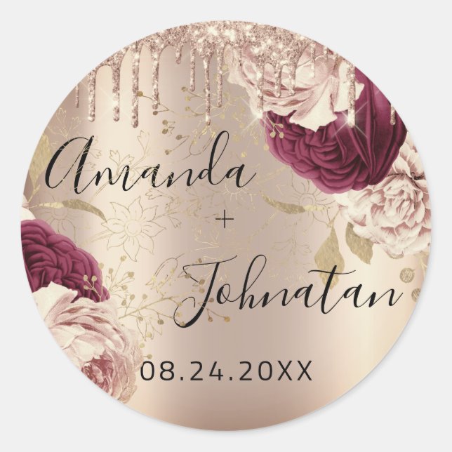 Name Save The Date  Gold Drips Roses Florals Classic Round Sticker (Front)