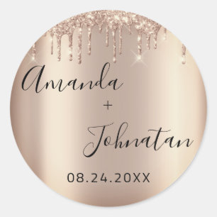 Name Save The Date Rose Gold Drips Sparkly Classic Round Sticker