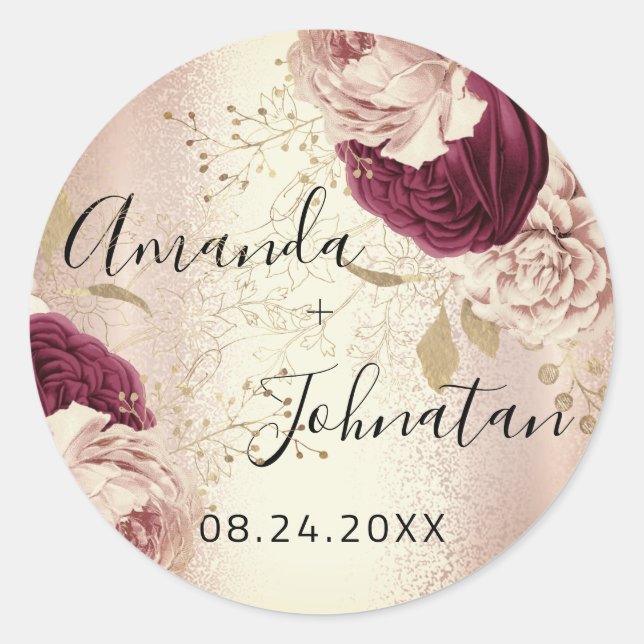 Name Save The Date  Rose Gold  Florals Classic Round Sticker (Front)