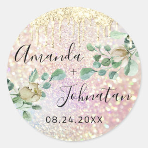 Name Save The Date Silver Drips Mint Glitter Rose Classic Round Sticker