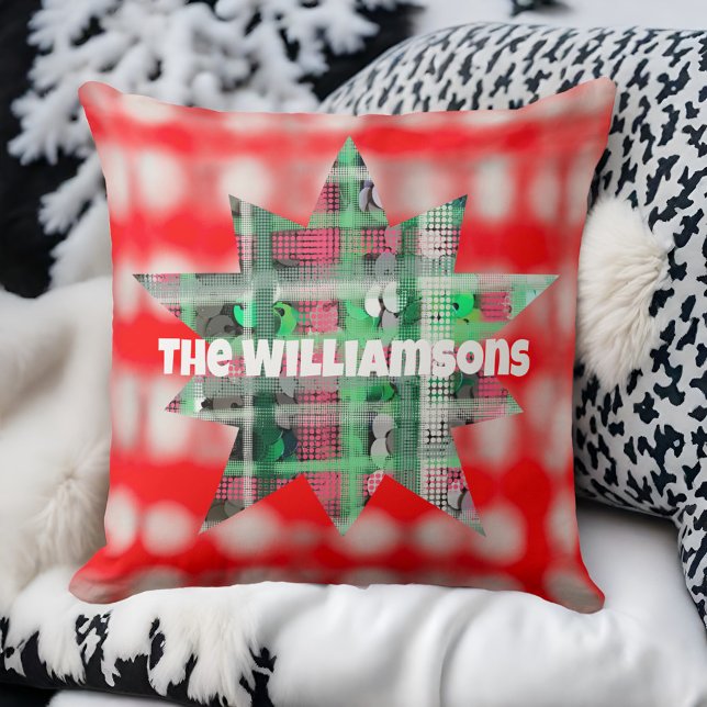 Name script celestial star plaid red green white  throw pillow (Creator Uploaded)