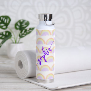 Name script colourful rainbow pattern personalized water bottle