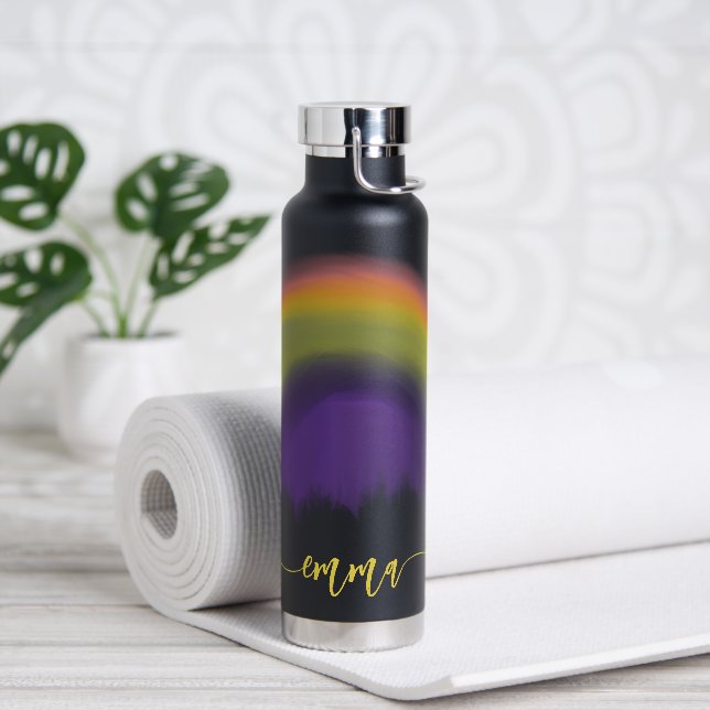 Name script colourful rainbow personalized black water bottle (Yoga)