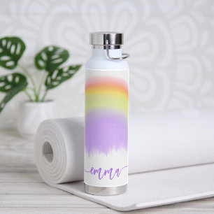Name script colourful rainbow personalized water bottle