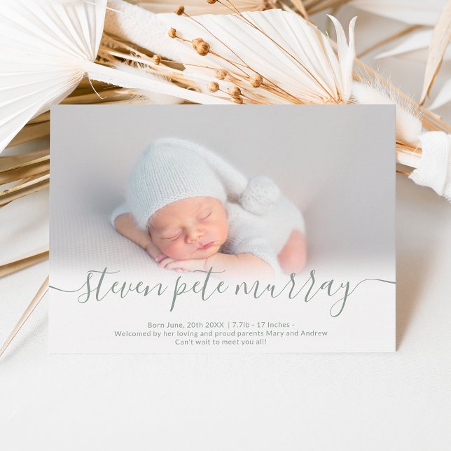 Name script heart photo sage green boy baby birth announcement (Creator Uploaded)
