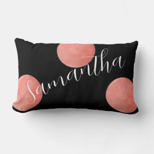 Name Script Rose Gold Black Watercolor Polka Dots Lumbar Pillow