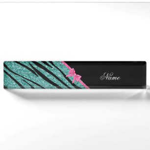 Name seafoam green glitter zebra stripes pink bow nameplate