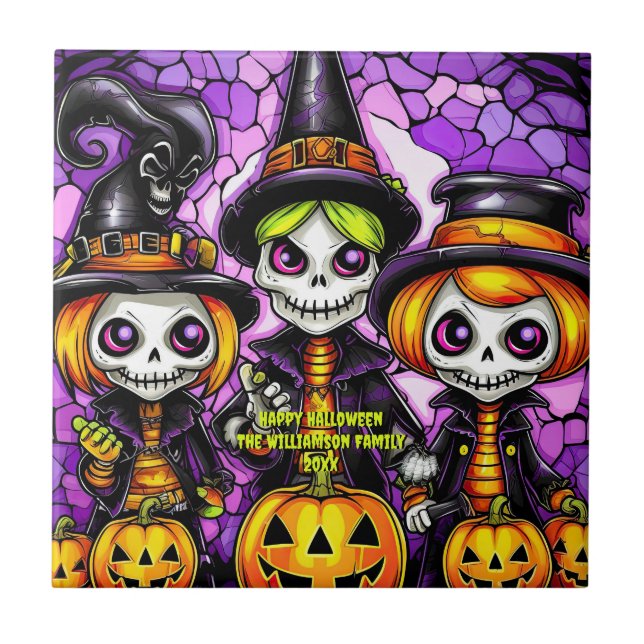 Name Sentiment Year Spooky Skeleton Witch Family Tile (Front)