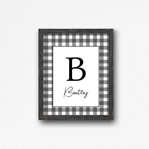 Name Sign Gingham Plaid Black and White Wall Decor