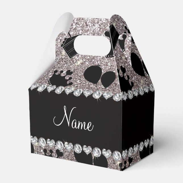 Name silver glitter crowns balloons cake favor box (Front Side)