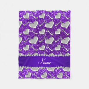 Name silver hearts keys indigo purple glitter fleece blanket