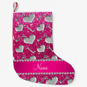 Name silver hearts keys neon hot pink glitter small christmas stocking