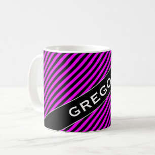 Name + Simple Fuchsia & Black Stripes Pattern Mug