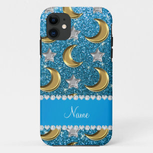 Name sky blue glitter gold moons silver star iPhone 11 case