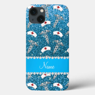 Name sky blue glitter nurse hats silver caduceus iPhone 13 case