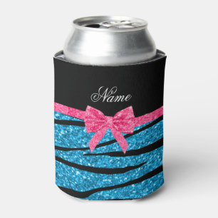 Name sky blue glitter zebra stripes pink bow can cooler