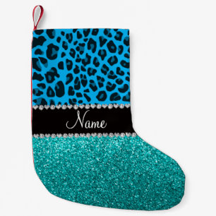 Name sky blue leopard turquoise glitter small christmas stocking