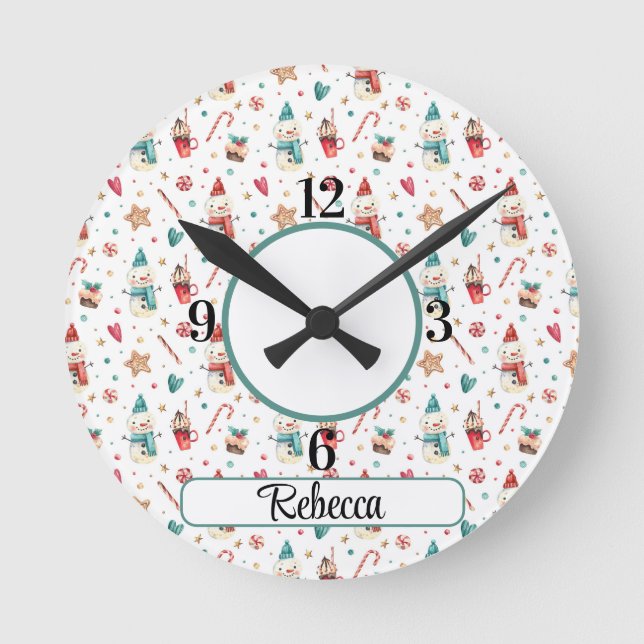 Name, Snowman Hearts Candy Pattern 8-in Acrylic Round Clock (Front)