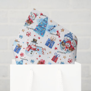 Name, Snowmen Blue & Red Whimsical Christmas Tissue Paper