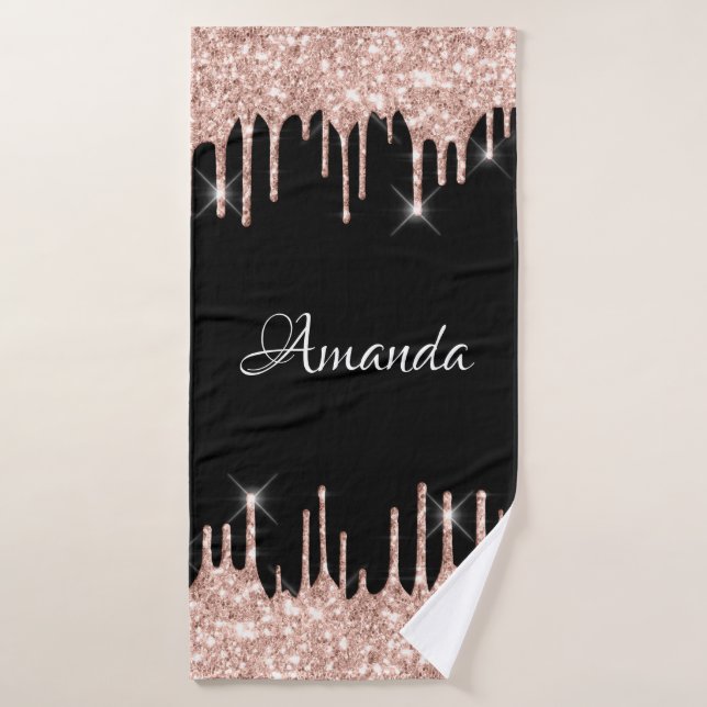 Name Sparkly Glitter Drips Pink Rose Gold Black Bath Towel (Bath Towel)