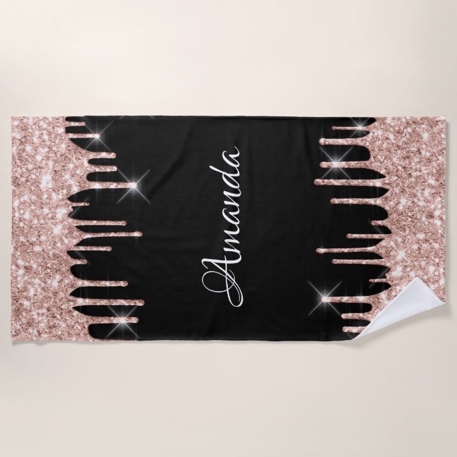 Name Sparkly Glitter Drips Pink Rose Gold Black Beach Towel (Front)