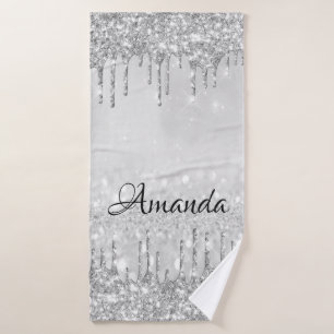 Name Sparkly Glitter Drips Silver Grey Grey Bath Towel