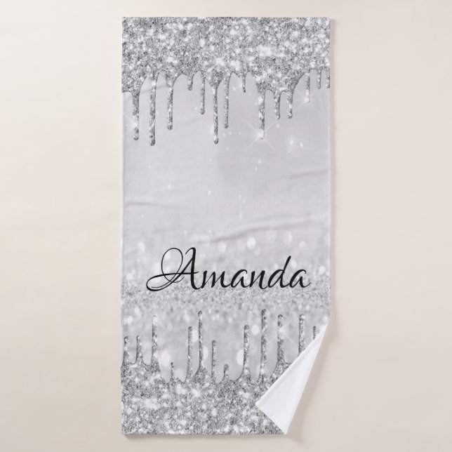 Name Sparkly Glitter Drips Silver Grey Grey Bath Towel (Bath Towel)