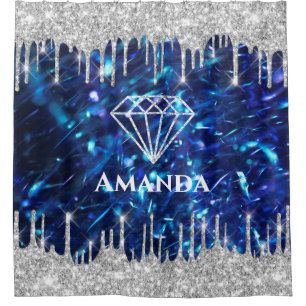 Name Sparkly Glitter Drips Silver  Navy Blue Bride