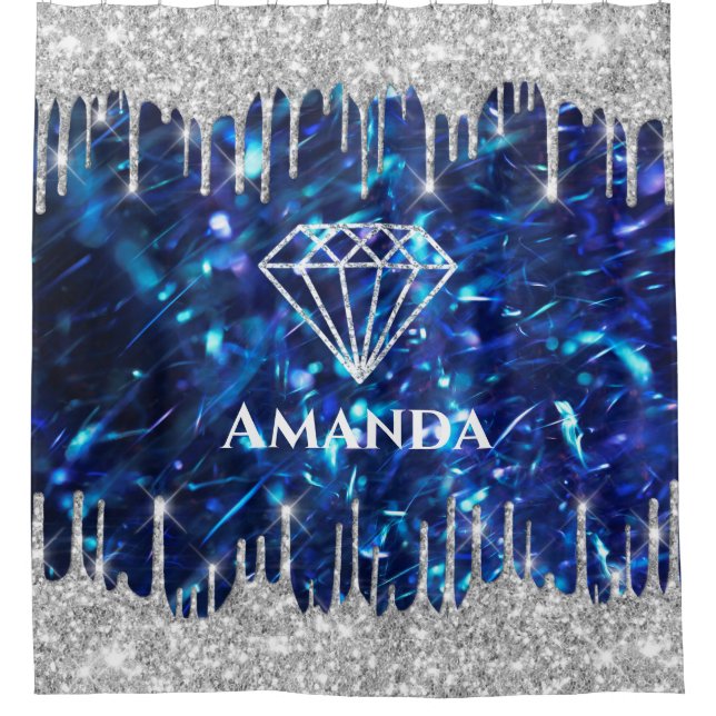 Name Sparkly Glitter Drips Silver  Navy Blue Bride (Front)