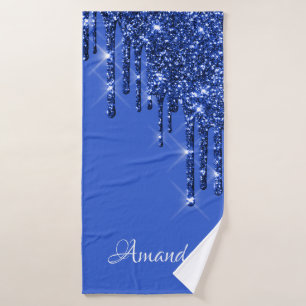Name Sparkly Glitter Drips Spark Blue Navy Bath Towel