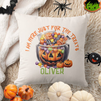 Name Spooky Orange Purple Pumpkin Halloween Treats Throw Pillow