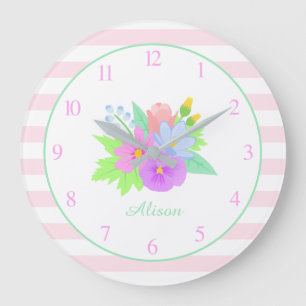 Name Spring Flowers Pink Stripes Cute Baby Girl Large Clock