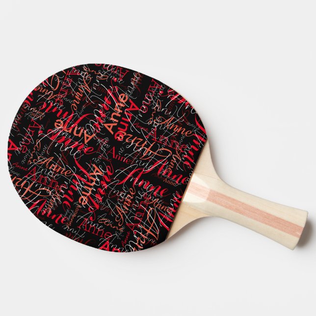 Name Stamped in Red all-over a Black Ping Pong Paddle (Side)
