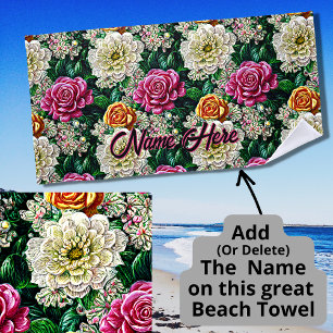 Name Tapestry Illustration Pink White Gold Flowers Beach Towel