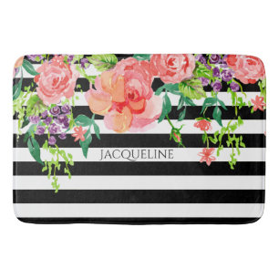 Name Template Bathroom Modern Floral Stripe Black Bath Mat